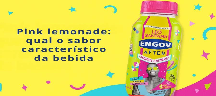 Engov After sabor pink lemonade com embalagem colorida e texto sobre o sabor da bebida. 