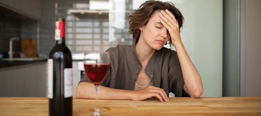 mulher em casa com a mão na cabeça em frente a uma garrafa e taça de vinho sentindo mal-estar.