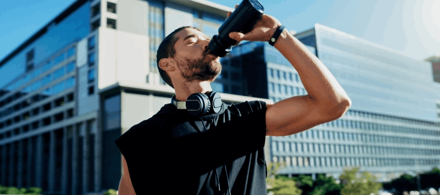 homem branco de blusa preta mata a sede durante exercício e bebe água.